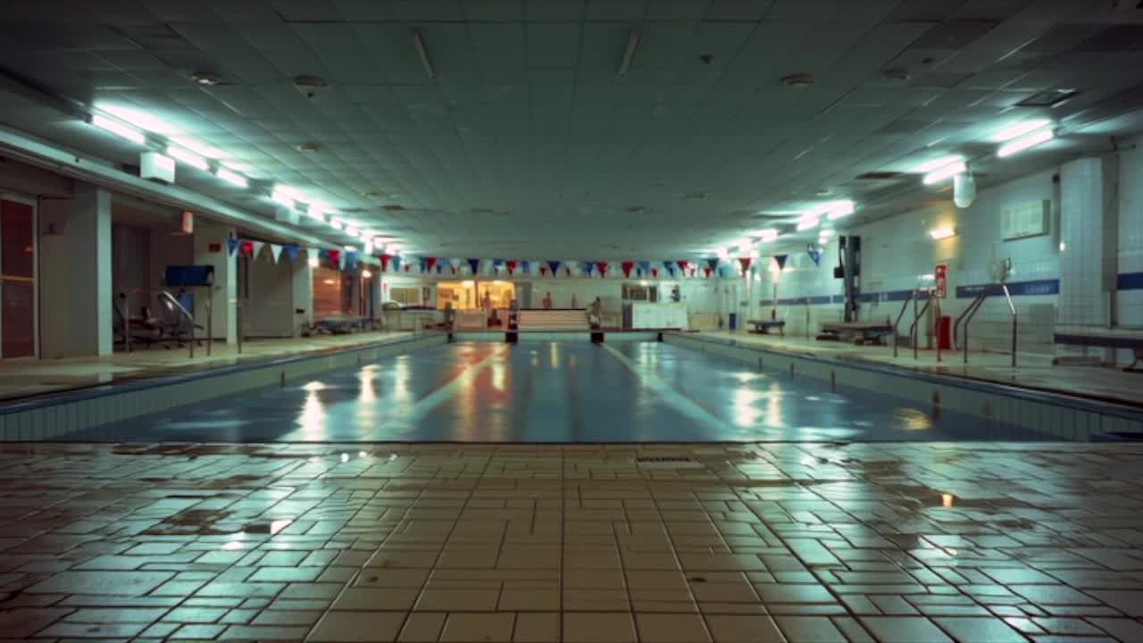 A figure at the edge of an empty swimming pool